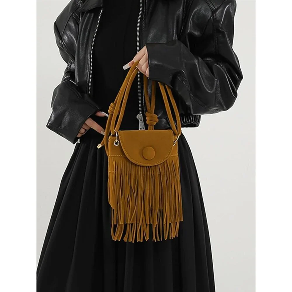 Women's Fringe Suede Crossbody Bag Woven Tassel Boho Clutch Purse